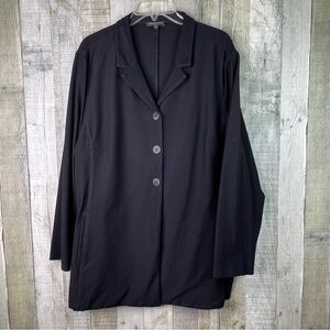 Eileen Fisher 2X Button Front Black Stretchy Material 3/4 Sleeves Blazer Jacket